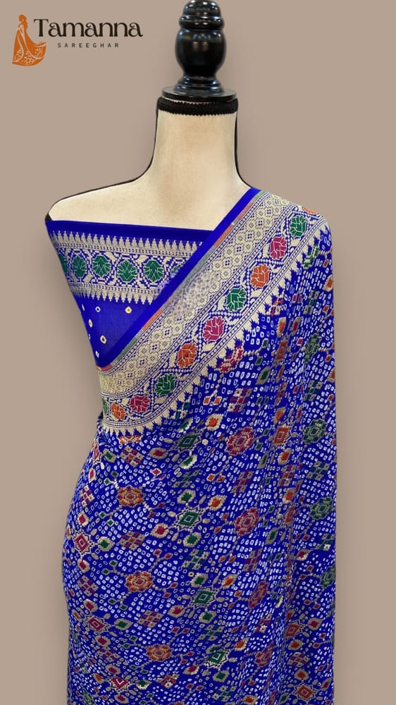 Royal Blue Pure Georgette Handloom Banarasi Bandhej Saree- with Meenakari work