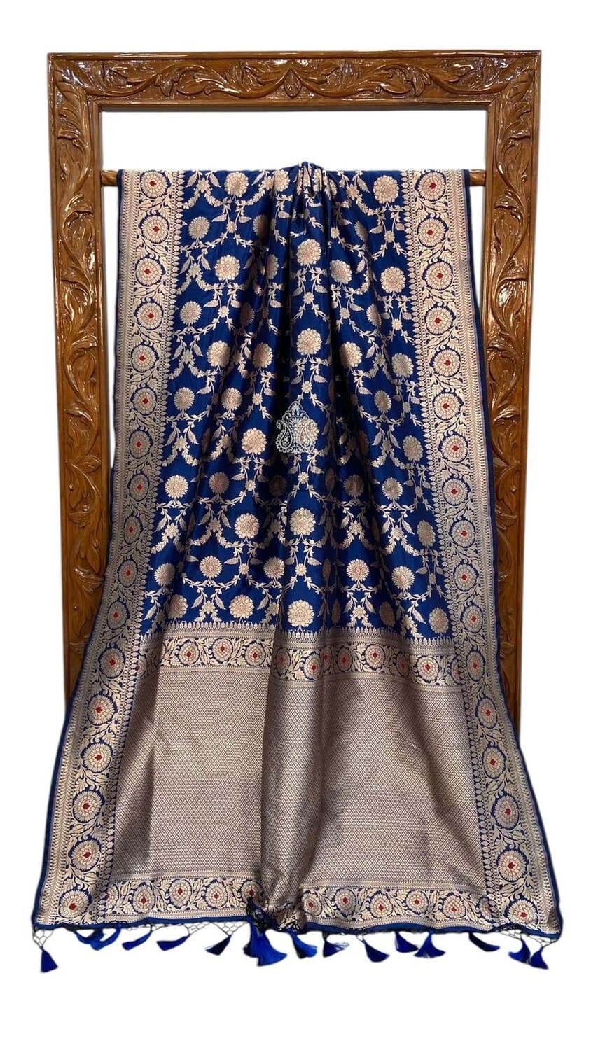 Navy Blue Pure Katan Silk Banarasi Saree - All Over Jaal work with Meenakari