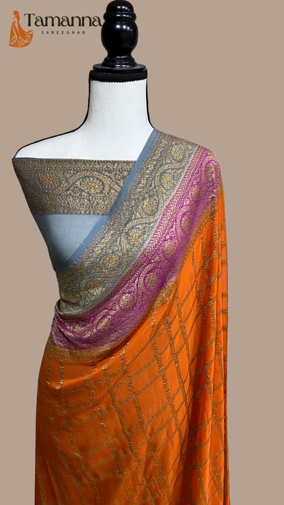 Orange Khaddi Georgette Handloom Banarasi Saree- Antique Zari