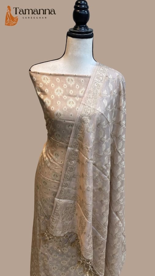 Ivory Pure Butter Silk Banarasi Dress Material