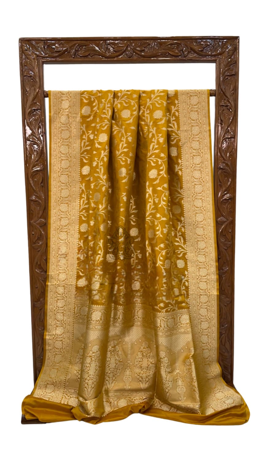 Mustard Yellow Pure Katan Silk Handloom Banarasi Saree- All over Jaal work