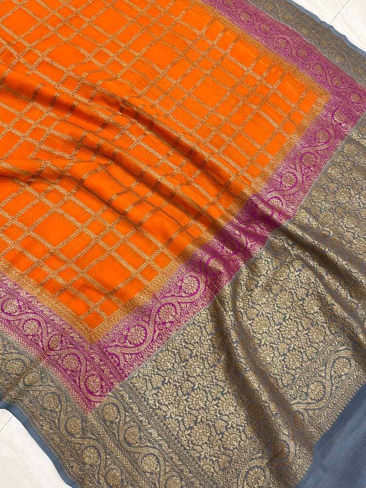 Orange Khaddi Georgette Handloom Banarasi Saree- Antique Zari
