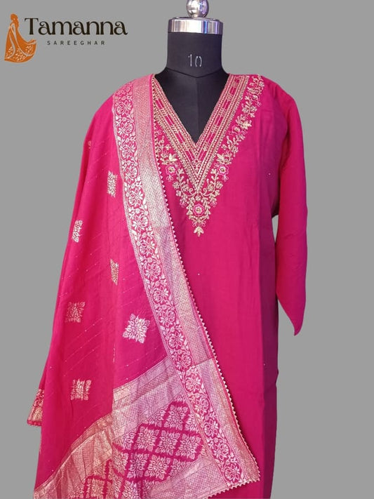 Red Pure Silk Suit Set with Banarasi Chunni