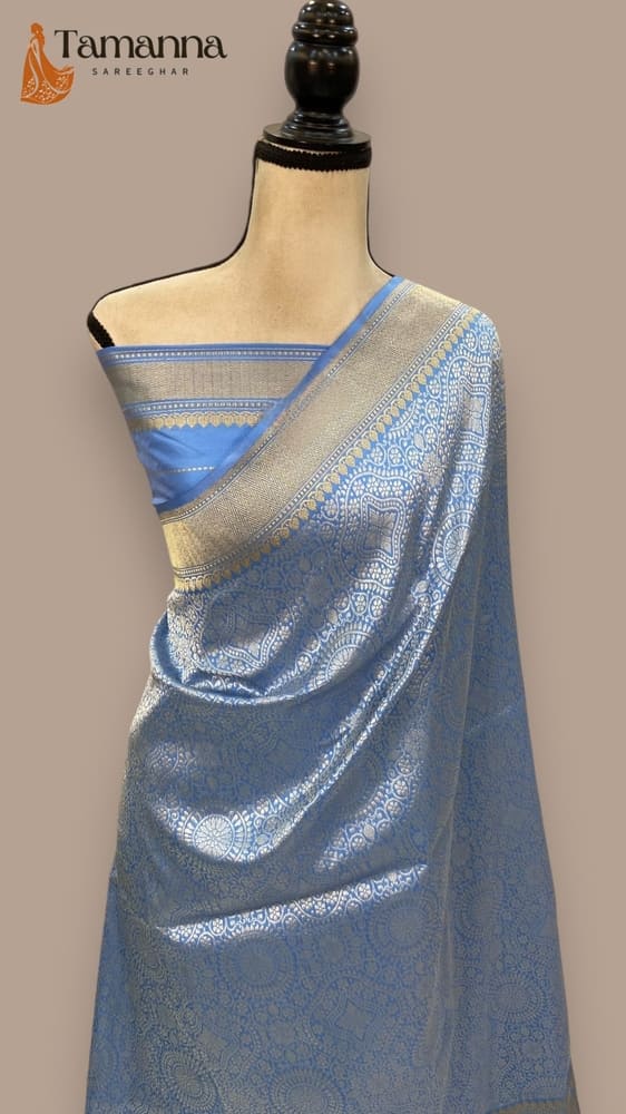 Sea Blue Pure Katan Silk Banarasi Handloom Saree- Tanchui Brocade with Meenakari