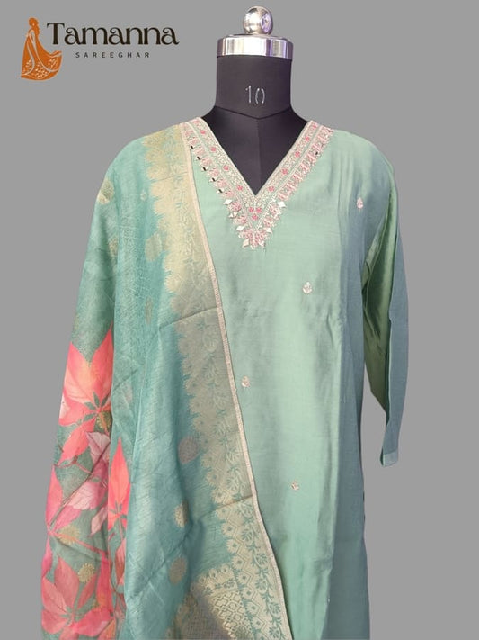 Pista Green Pure Silk Suit Set with Organza Banarasi Chunni