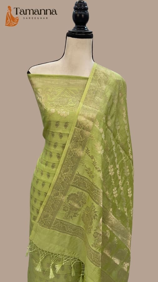Kiwi Green Pure Chiniya Silk Banarasi Handloom Dress Material