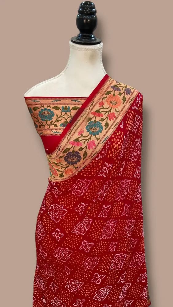 Pure Georgette Bandhej Handloom Banarasi Saree- Tilfi Meenakari