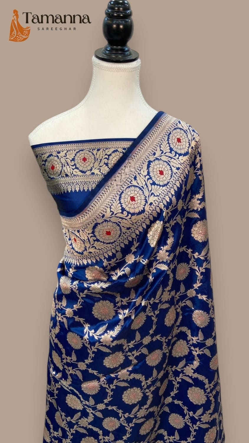 Navy Blue Pure Katan Silk Banarasi Saree - All Over Jaal work with Meenakari
