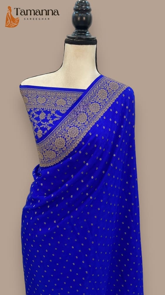 Royal Blue Pure Khaddi Crepe Georgette Handloom Banarasi Saree- Antique Zari