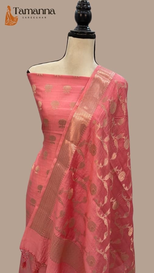 Pink Pure Chiniya Silk Handloom Banarasi Dress Material