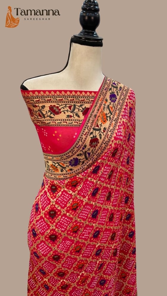Red Pure Georgette Handloom Banarasi Bandhej Saree- with Meenakari work