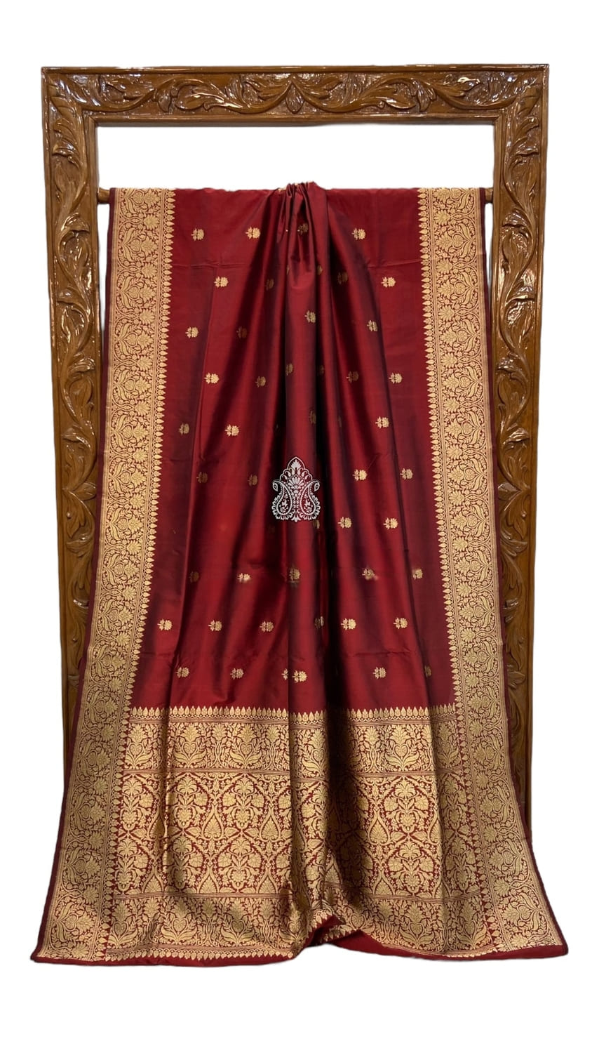 Maroon Pure Katan Silk Handloom Banarasi Saree- All over Kadua motifs