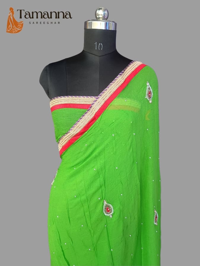 Green Pure Georgette Saree With Pearl work