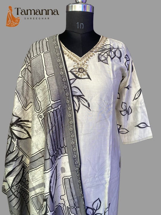 Cream Pure Maslin Suit Set with Hand Work