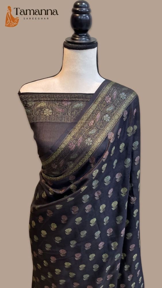 Handloom Banarasi saree in dark navy with gold motif print and zari border