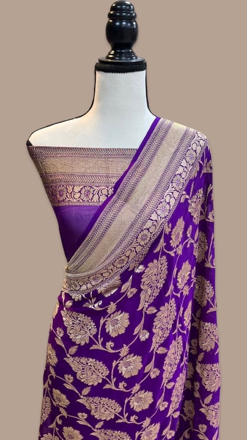 Blue Pure Khaddi Georgette Handloom Banarasi Saree- Gold Zari