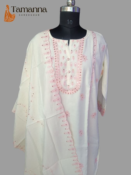 White Pure Silk Suit Set with Embroidery work