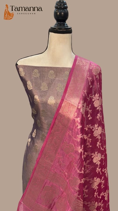 Golden Grey Pure Kora Tissue Handloom Banarasi Dress Material