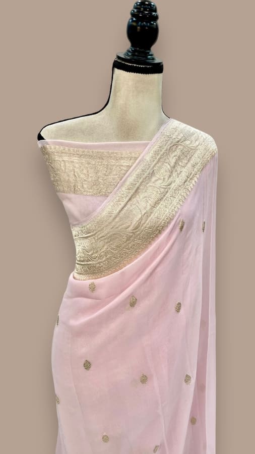 Baby Pink Pure Georgette Handloom Banarasi Saree- Water Zari