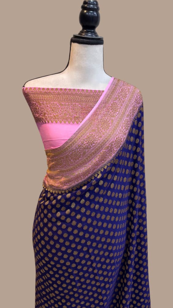 Navy Blue Khaddi Georgette Handloom Banarasi Saree - Antique Zari