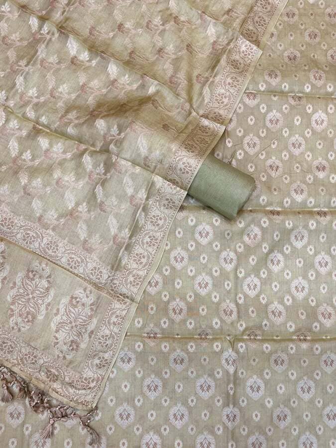 Pista Green Pure Butter Silk Banarasi Dress Material
