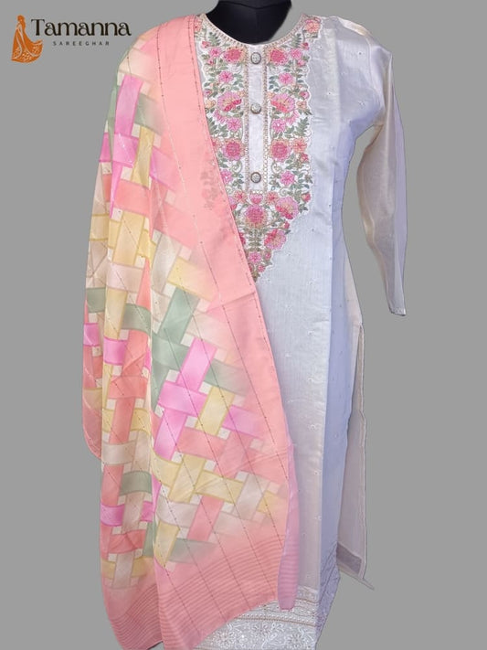 White Pure Chanderi Silk Suit Set with Multicolor Dupatta