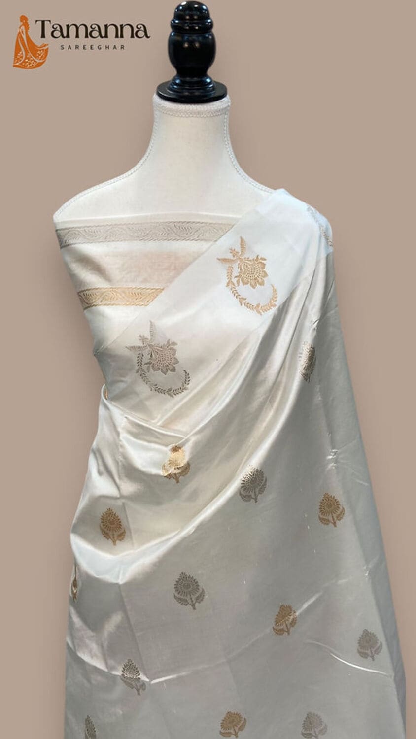 White Pure Katan Silk Handloom Banarasi Saree- All over Kadua Motifs