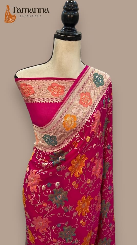 Hot Pink Khaddi Georgette Handloom Banarasi Saree- with Jaal & Meenakari work