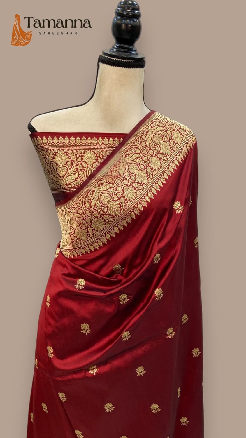Maroon Pure Katan Silk Handloom Banarasi Saree- All over Kadua motifs