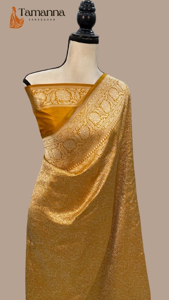 Mustard Pure Katan Silk Banarasi Handloom Saree- Tanchui Brocade