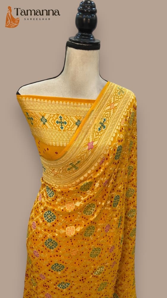 Mango Yellow Pure Georgette Handloom Banarasi Bandhej Saree- with Meenakari work