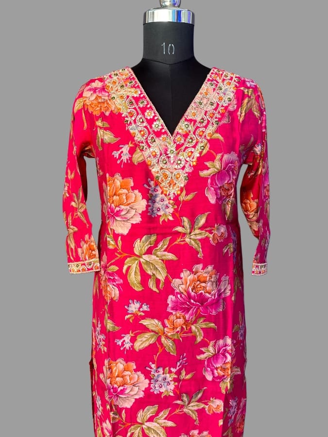Hot Pink Pure Maslin Suit Set with Banarasi Dupatta