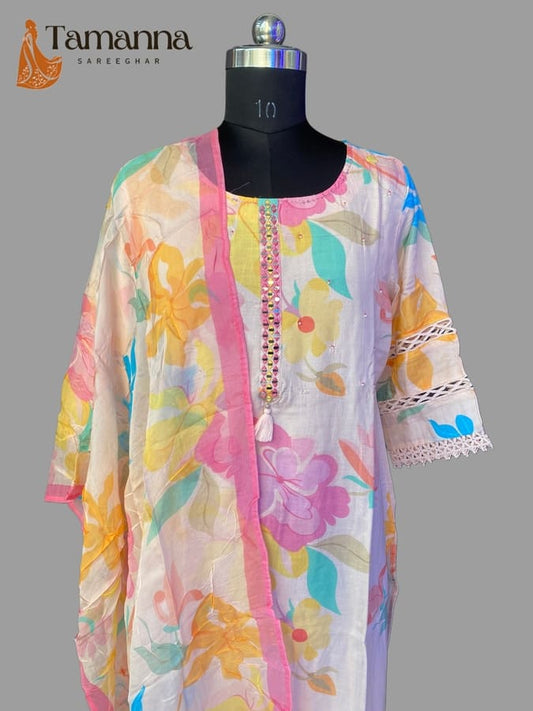 Off White Pure Chinon Suit Set with Organza Dupatta