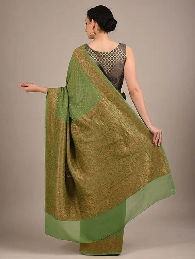 Pista Green Pure Khaddi Georgette Handloom Banarasi Saree- Antique Zari