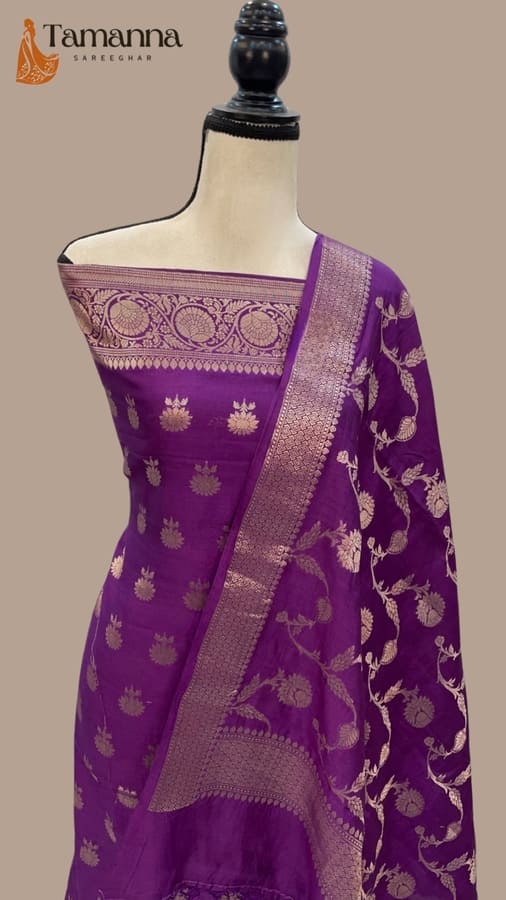 Purple Pure Chiniya Silk Handloom Banarasi Dress Material
