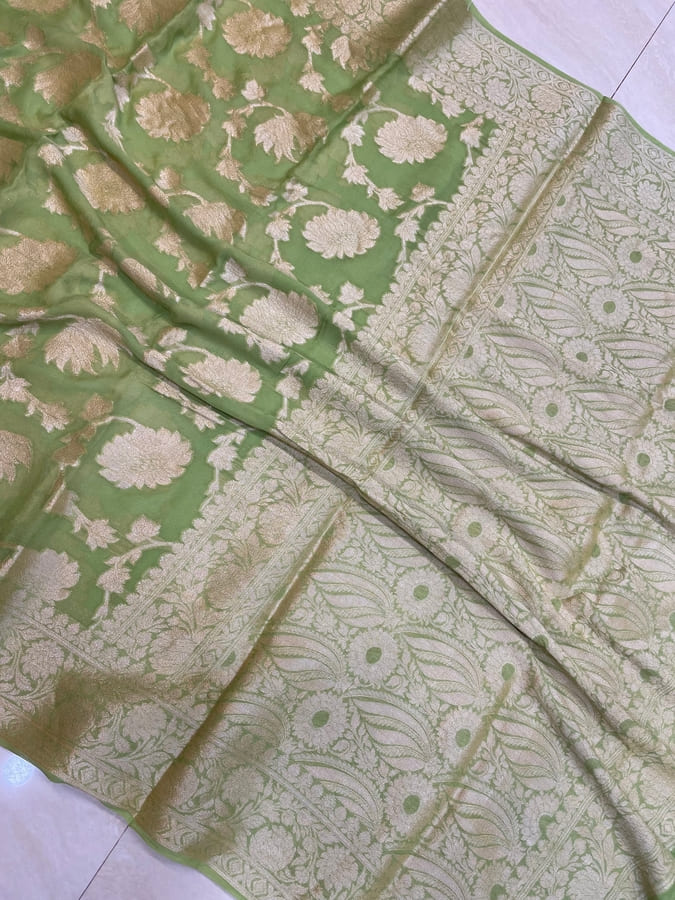 Pista Green Pure Khaddi Chiffon Handloom Banarasi Saree