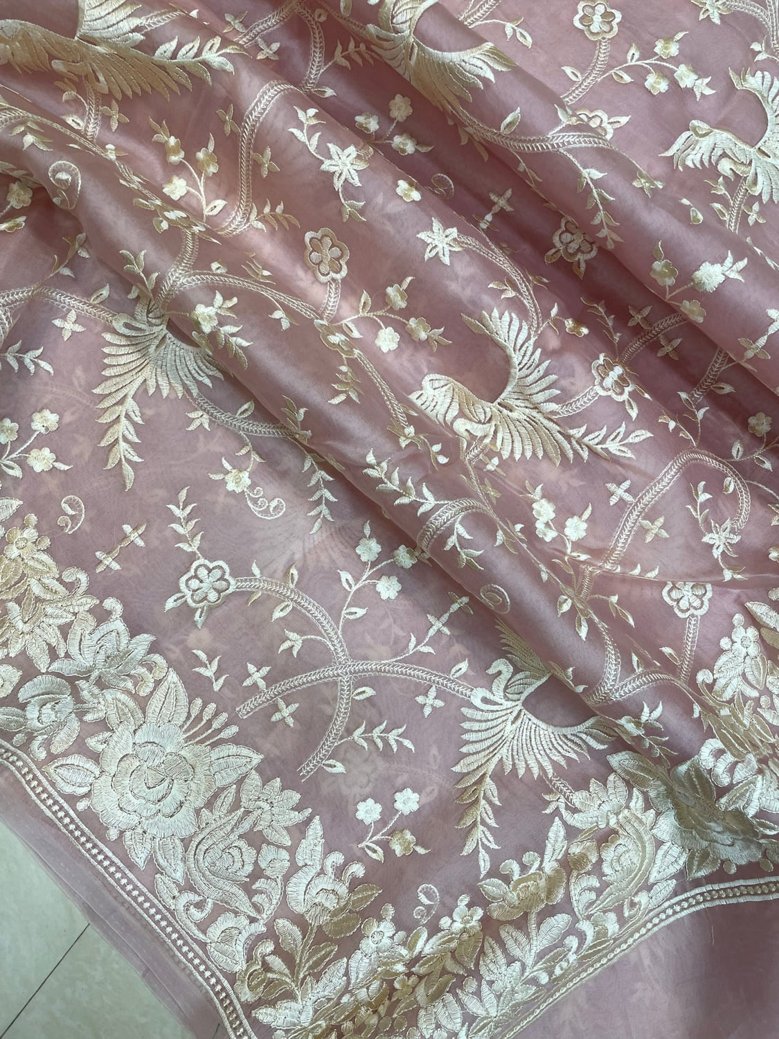 Onion Pink Pure Organza Chikankari Handloom Banarasi Saree- Jaal Work