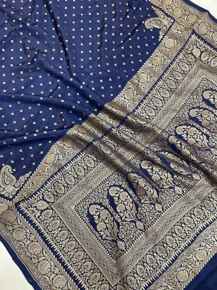 Navy Blue Pure Khaddi Crepe Georgette Handloom Banarasi Saree- Antique Zari