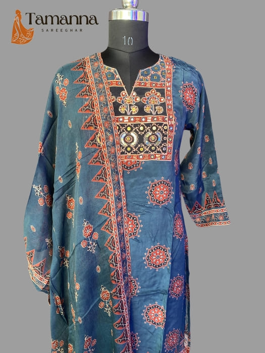 Pure Crepe Ajrakh print Suit Set with Hand work