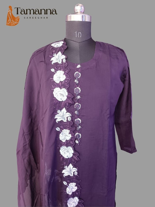 Purple Pure Tusser Suit Set with Cutwork Tusser Dupatta