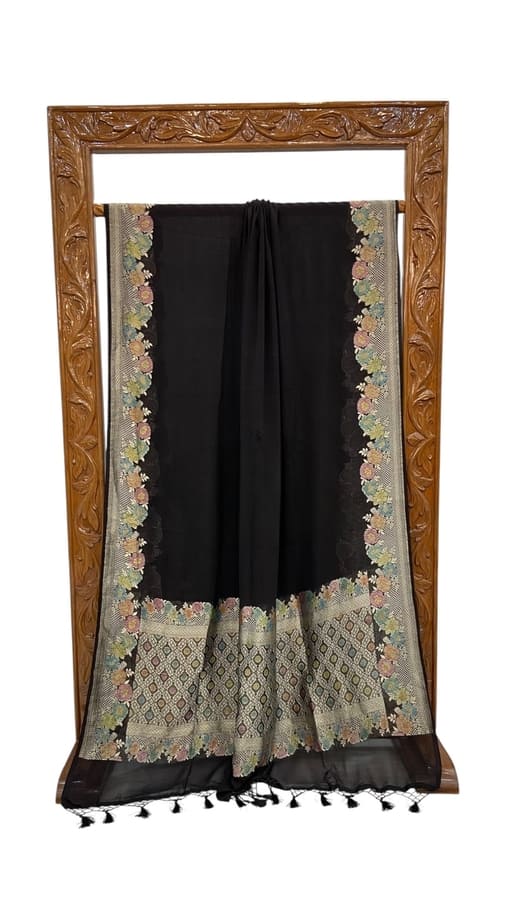 Black Pure Khaddi Georgette Handloom Banarasi Saree- Water Zari