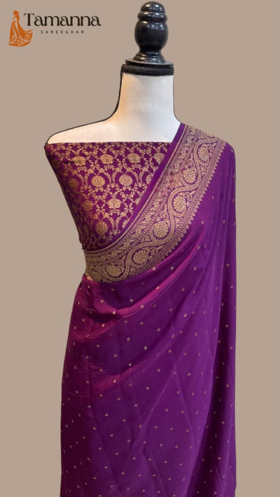 Purple Pure Khaddi Crepe Georgette Handloom Banarasi Saree- Antique Zari