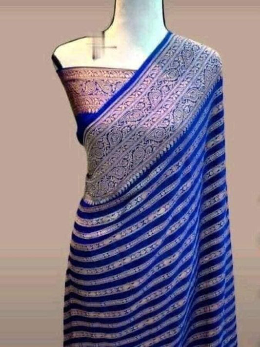 Blue silk Banarasi saree with dark woven border and striped pattern draped on mannequin