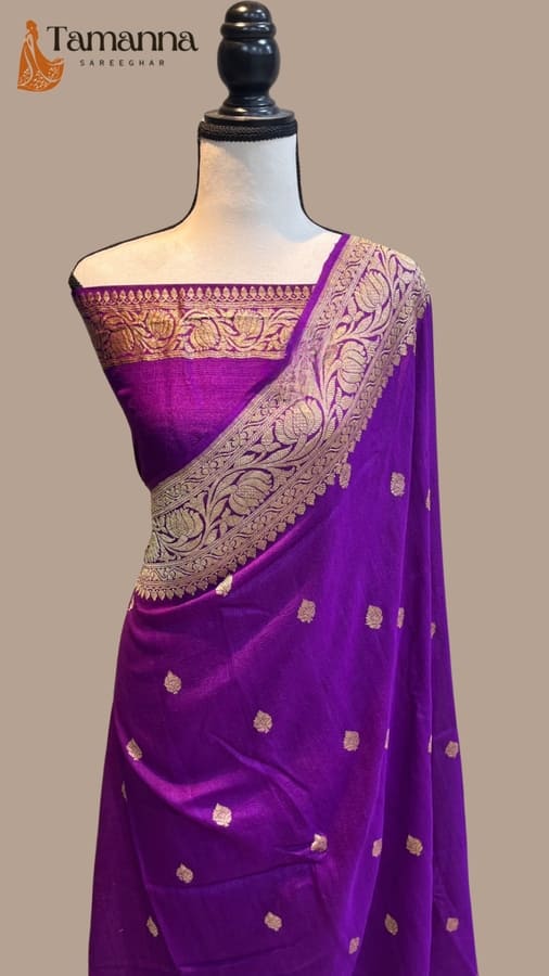 Purple Pure Tussar Georgette Handloom Banarasi Saree- All over Kadua work