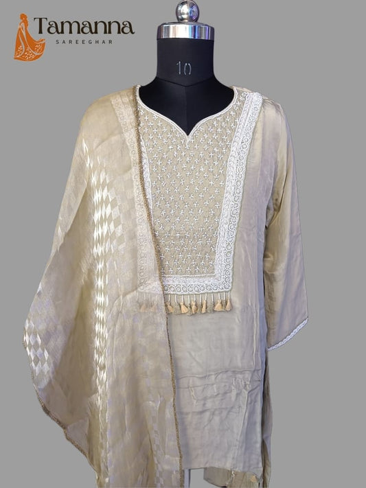 Pure Crepe Suit Set with Pure Tussar Dupatta & Pearl work