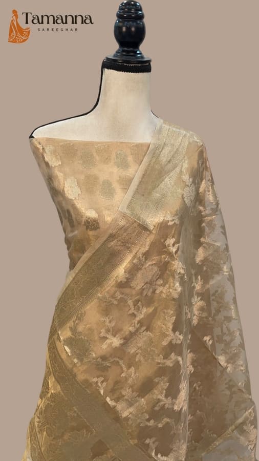Golden Brown Pure Kora Tissue Handloom Banarasi Dress Material