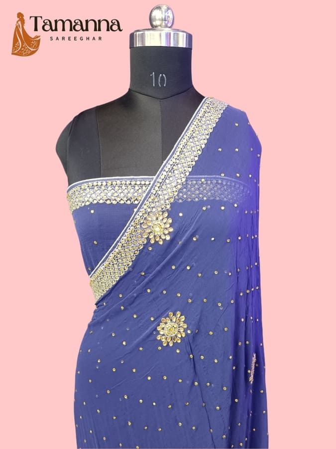 Turquoise Blue Pure Chiffon Saree with all over Pearl work