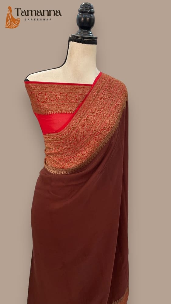 Chocolate Pure Khaddi Georgette Handloom Banarasi Saree- Antique Zari