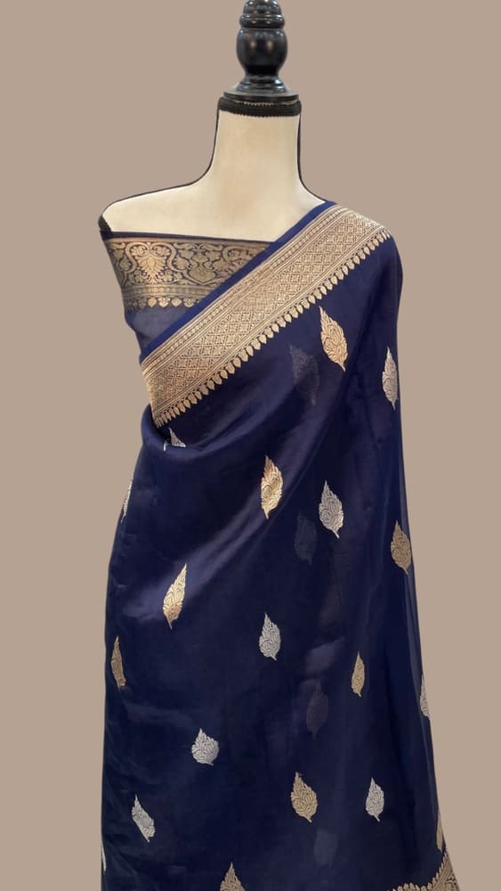 Blue Pure Kora Handloom Banarasi Saree - Sona Roopa Alfi Kadua Boota