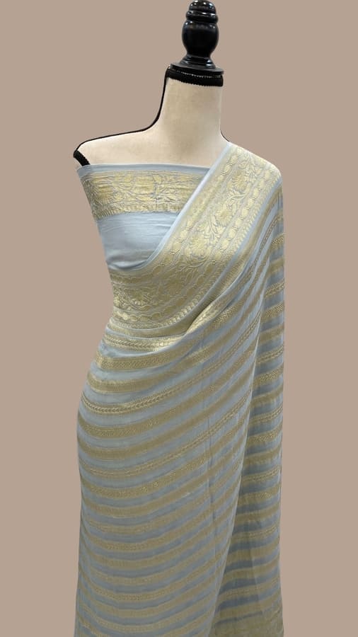 Grey Pure Khaddi Georgette Handloom Banarasi Saree- Water Zari